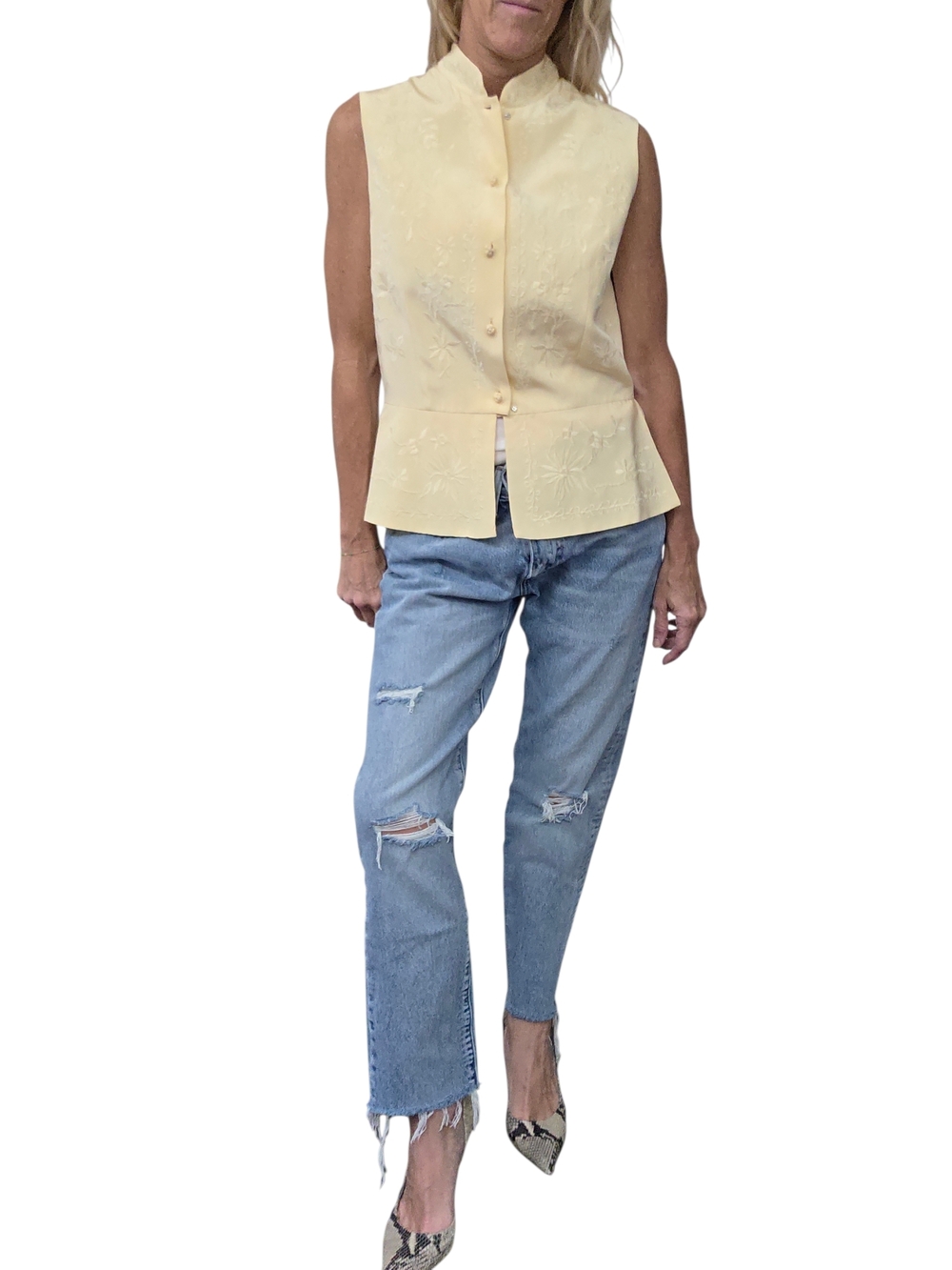 Vintage 90s Silk Embroidered Vest Pale Yellow Tailored Peplum Minimalist 10 - Picture 2 of 8